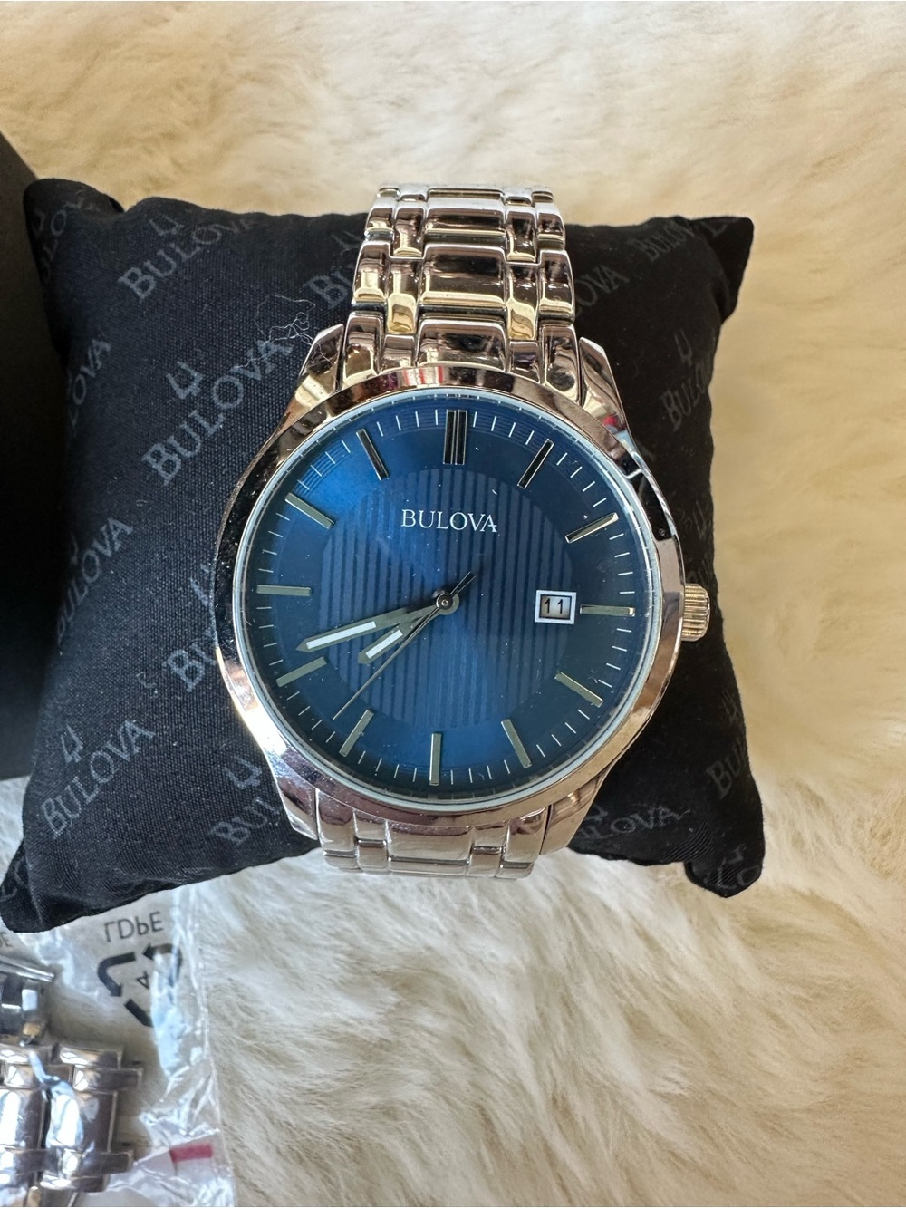 Bulova Silver Watch with Blue Textured Dial